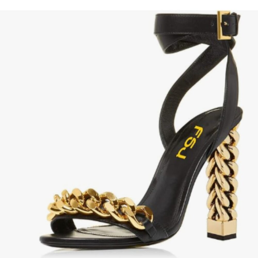 FSJ Black Chain Gold Metal Chain Chunky High Heels Ankle Strap Open Toe Sandals - Picture 1 of 8